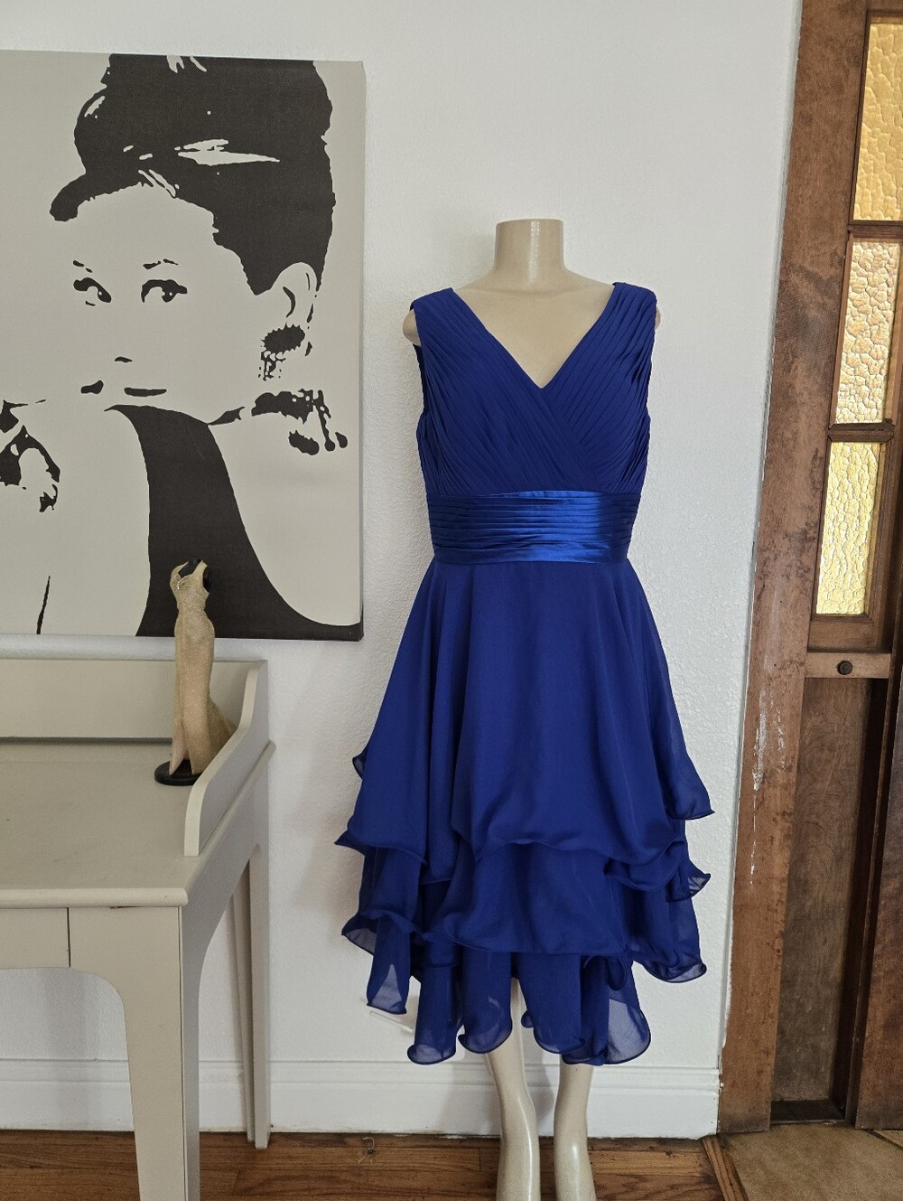 NWT Womens Handmade Royal Blue V-Neck Chiffon Layered Cocktail Dress Size 10